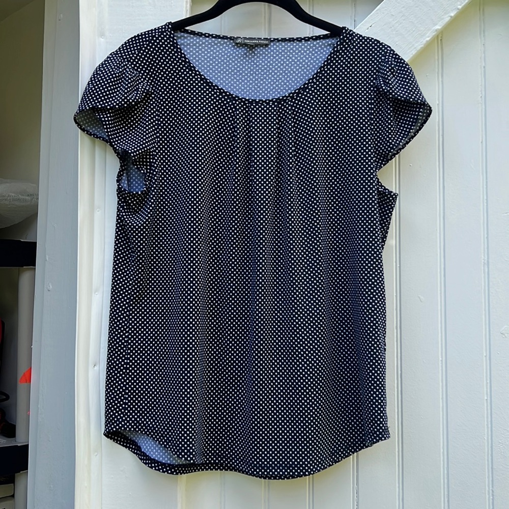 Adrianna Papell short sleeve blouse. Navy with white polka dots. Women small